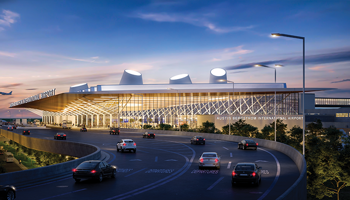 Image is of the exterior of Austin Bergstrom International Airport